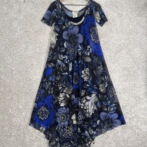 Fuzzi Floral Mesh Midi Dress Short Sleeves Crew Neck Black/Blue Artsy Size L